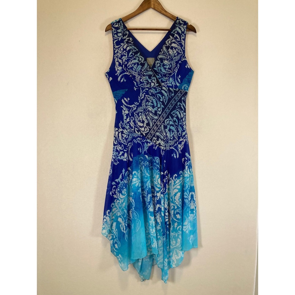 Boho Rabbit Rabbit Rabbit Designs Women 12 Blue Damask Handkerchief Hem Dress